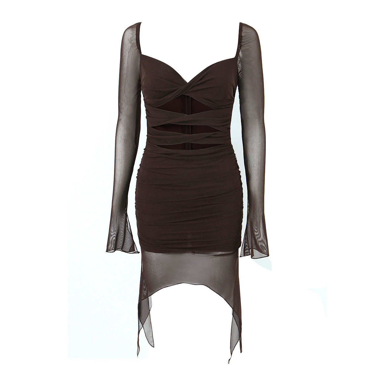 欧美性感辣妹修身弹力网纱连衣裙2023夏款透视长袖镂空褶皱包臀裙