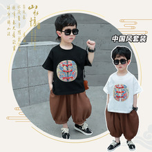 儿童2024新品潮流古风短袖两件套男童夏季盘扣图腾刺绣中国风套装