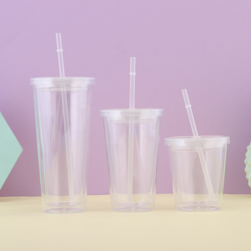 Double Plastic Straw Cup Milk Tea Juice Cup with Straw Large Capacity Insert Paper Good-looking Water Cup