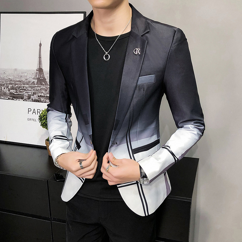 时尚帅气绅士西装外套个性格纹男士拼接休闲长袖西服小西装男装