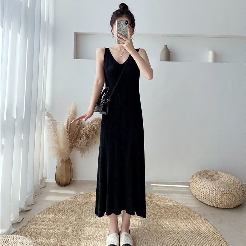 2023 New Summer Ice Silk Knitted Suspender Dress Women's Thin Inner Match Mid-Length Sleeveless Split Vest Dress