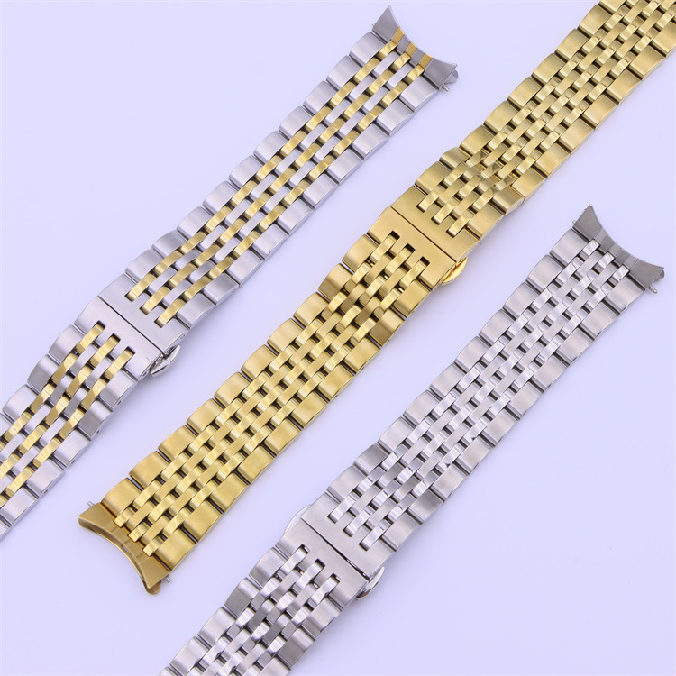 手表配件 男士精钢实心钢表带 双按蝴蝶扣弧口钢带金属表链带22mm