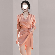女人味时尚气质职业OL衬衣裙2024夏季新款显瘦V领系带短袖连衣裙