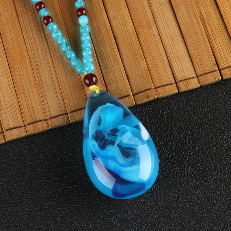 琥珀蓝蜜蜡项链 花开富贵 水滴花卉吊坠长款挂件男女情侣饰品批发