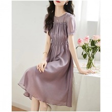 紫色2024夏新款设计感小众抽褶中长款泡泡袖高腰显瘦连衣裙女