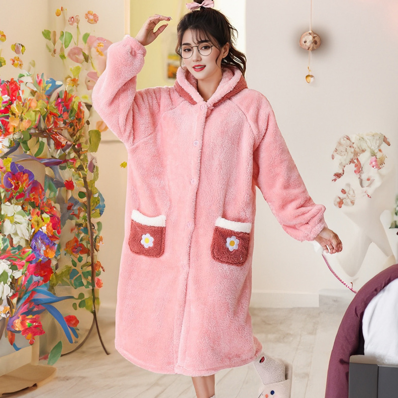 Cute Cartoon Autumn and Winter Hooded Tracksuit Women's Warm Nightgown Lambswool Thickened Pajamas Outerwear Bathrobe