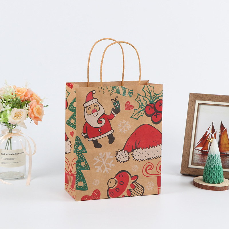 Spot Flat Mouth Christmas Color Kraft Paper Bag Foreign Trade Handbag Take out Take Away Hand-Held Packing Bags Printed Logo