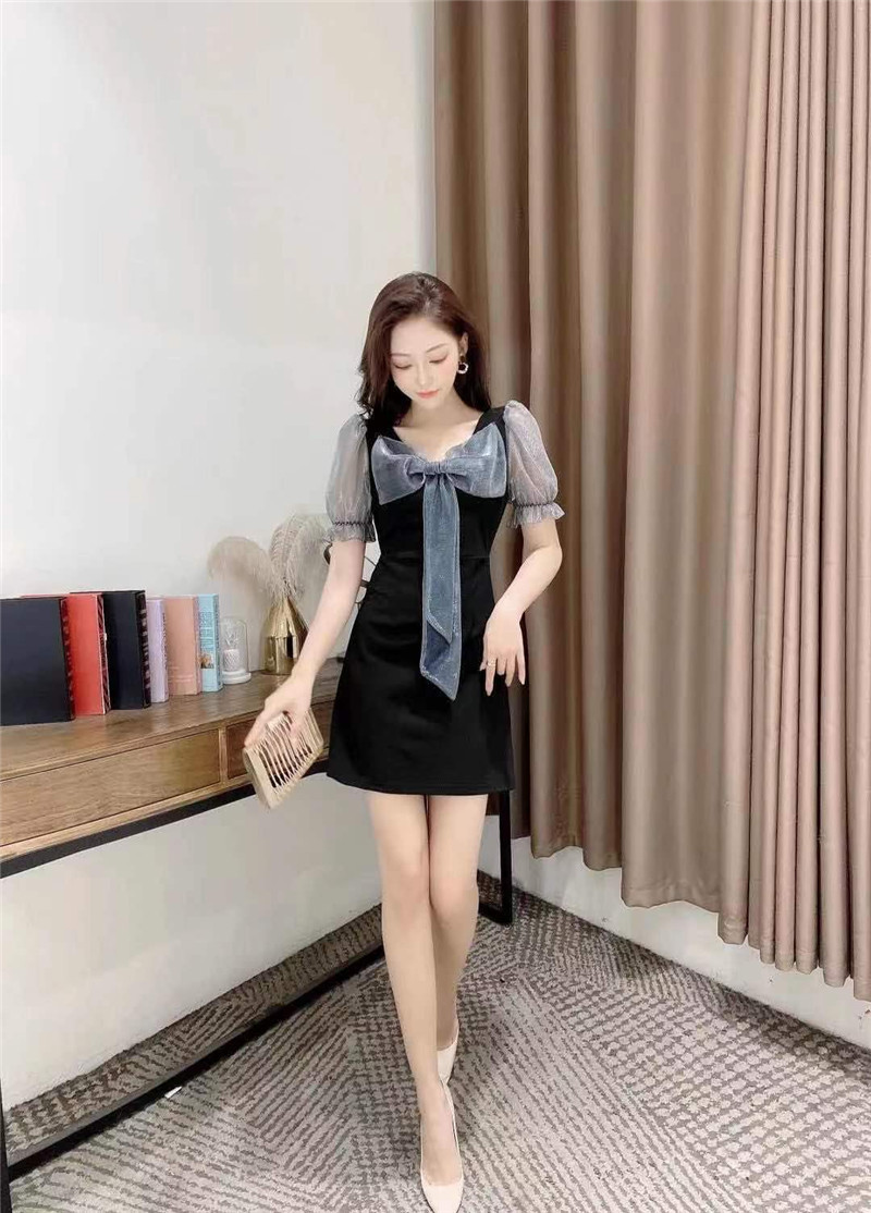 2021夏装新款法式复古肖众大蝴蝶结v领连衣裙气质修身超仙裙子女