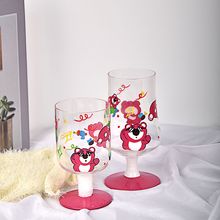 ins韩式可爱手绘草莓熊面包熊高脚杯家用彩色玻璃杯复古果汁杯