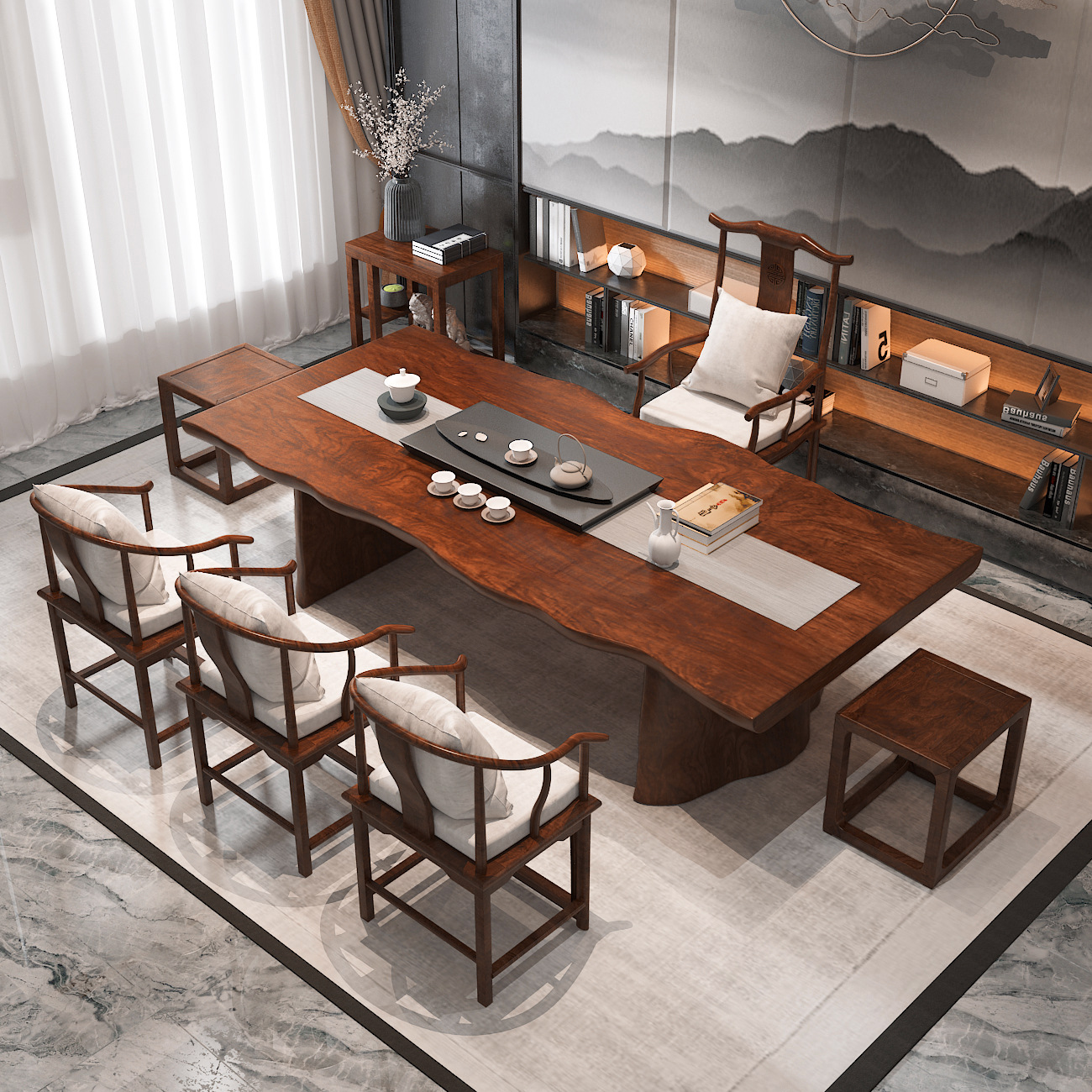 新中式木质茶桌原木大板泡茶桌椅组合长方形客厅功夫茶台-报价