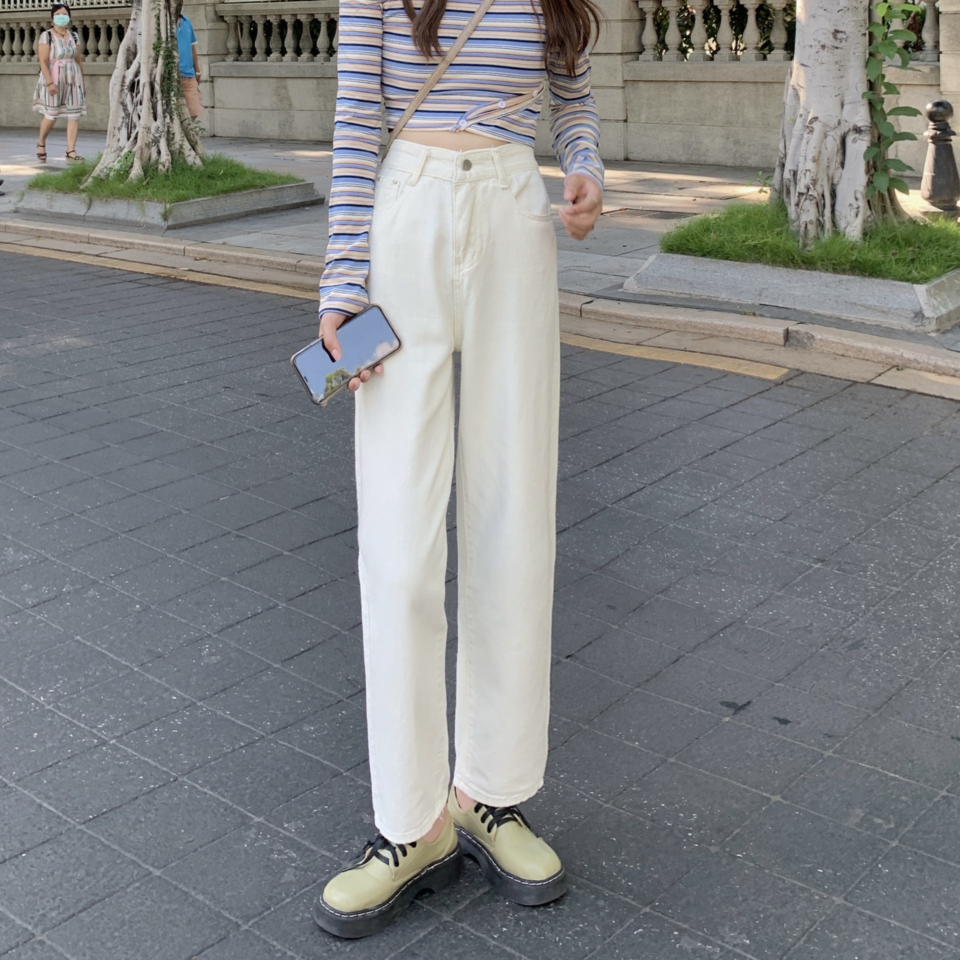 白色牛仔裤女夏季薄款秋装2021新款直筒宽松高腰垂感阔腿拖地裤子