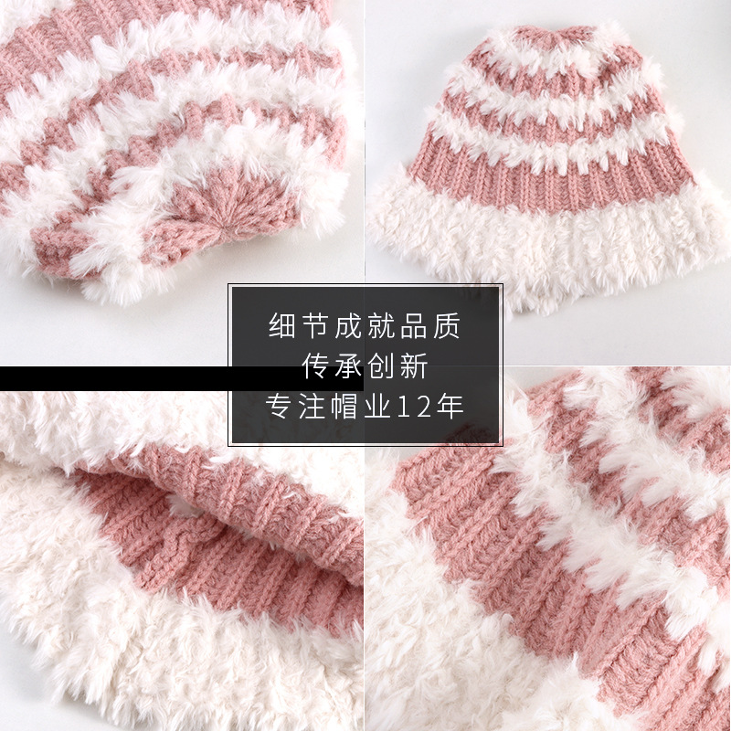 Japanese and Korean Style Stripe Bucket Hat Color Matching Dome Multicolor Thickened Warm Hat Hand Crocheting Plush Bonnet New Woolen Cap