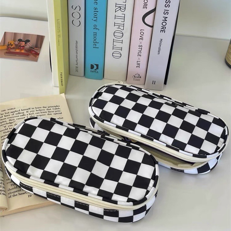 INS Style Simple Black and White Plaid Pencil Case Large Capacity Student Niche Couple Buggy Bag Stationery Box Pencil Box