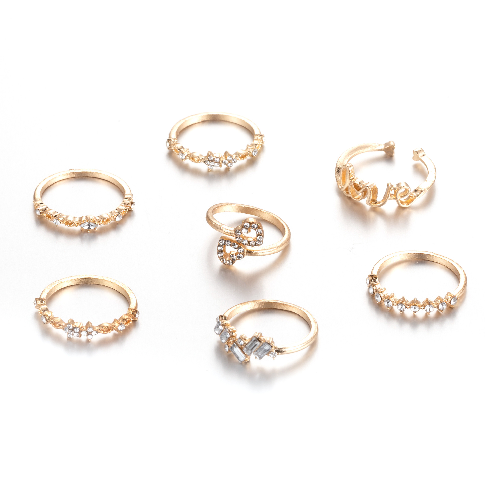 Aliexpress Hot Sale Gold Combined Ring Set European and American Fashion Love Spot Drill 7 Pieces Set Rings Wholesale