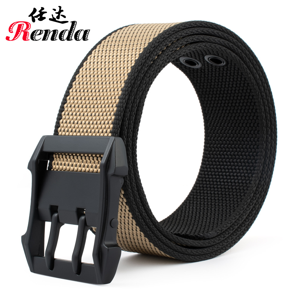 alloy double pin buckle nylon double-sided stripe body pearlescent pattern men‘s casual belt military training breathable pants belt