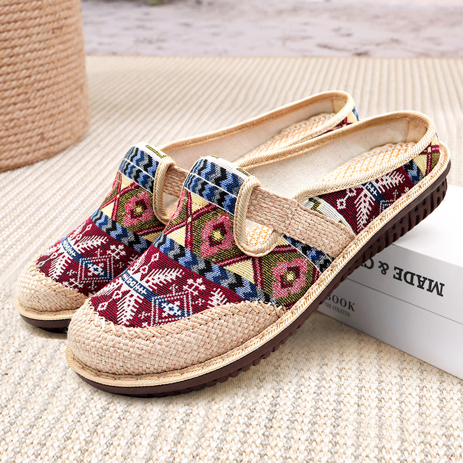 Cloth Shoes 2023 Breathable New Flat Old Beijing Women's Shoes Linen Closed Toe Embroidered Shoes Ethnic Style Half Slippers Shoes for Han Chinese Clothing