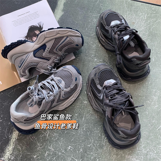 巴家鲨鱼款老爹鞋厚底增高拼色真皮网面休闲鞋女2025秋冬G092315