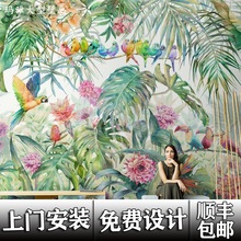 北欧手绘热带植物花鸟壁纸丛林鹦鹉壁画客厅电视背景卧室墙布