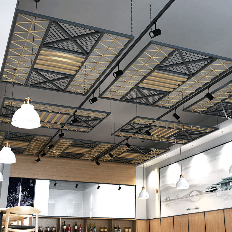 餐厅酒吧天花板铁艺屏风工业风木条复古吊顶墙面网格展厅装饰镂空