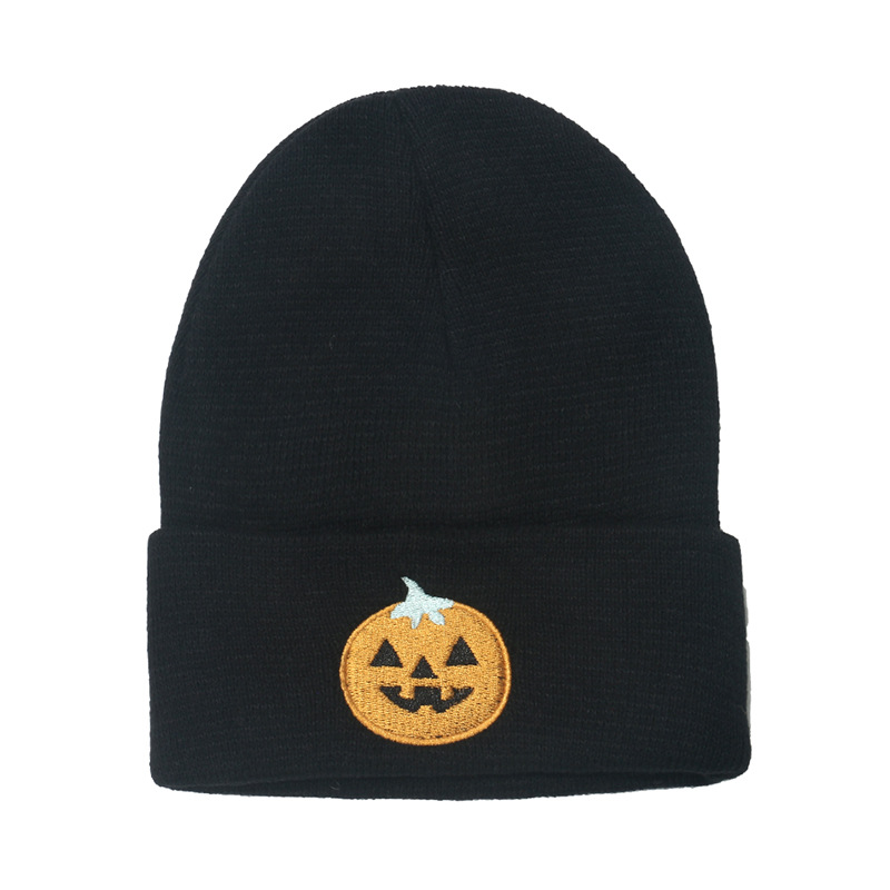 Autumn and Winter Men's and Women's Outdoor Keep Warm Woolen Cap Pullover Beanie Hat Cross-Border Halloween Pumpkin Skull Embroidery Knitted Hat