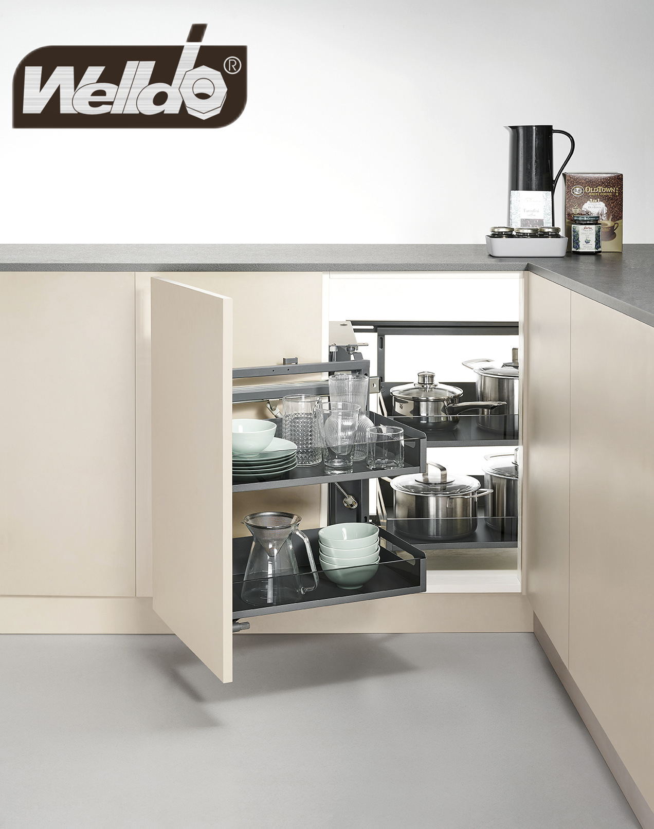 welldo/纬东 橱柜转角拉篮转角小怪物拉篮收纳置物拉篮联动拉篮