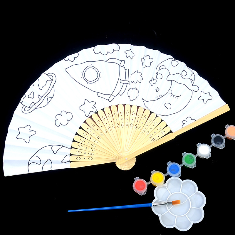有卡通线条白纸扇子diy空白折扇儿童绘画扇手工涂色7寸幼教纸扇子