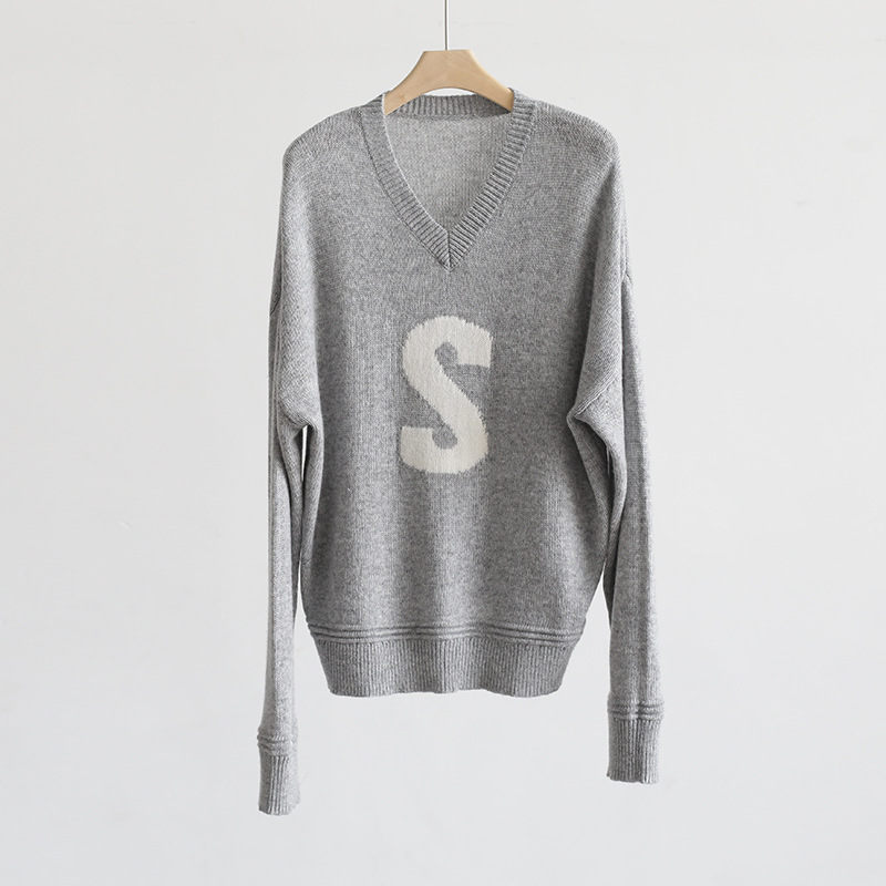 新品7针30%羊毛v领灰色套头长袖字母毛衣长袖宽松上衣-阿里巴巴