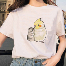 Parrot And Cat T-shirt 夏季热卖欧美风卡通鹦鹉猫咪印花T恤短袖