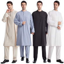 土耳其现货穆斯林阿拉伯中东纽扣圆领长袍套装化纤类混纺eBay热卖