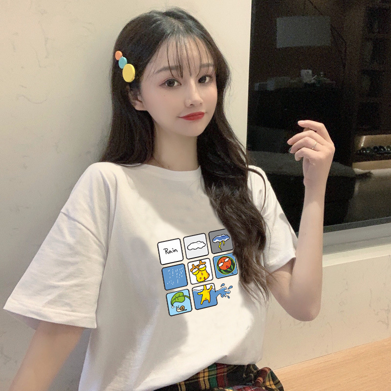 快手直播货源 2022宽松短袖t恤女春夏韩版学生ins卡通打底衫上衣