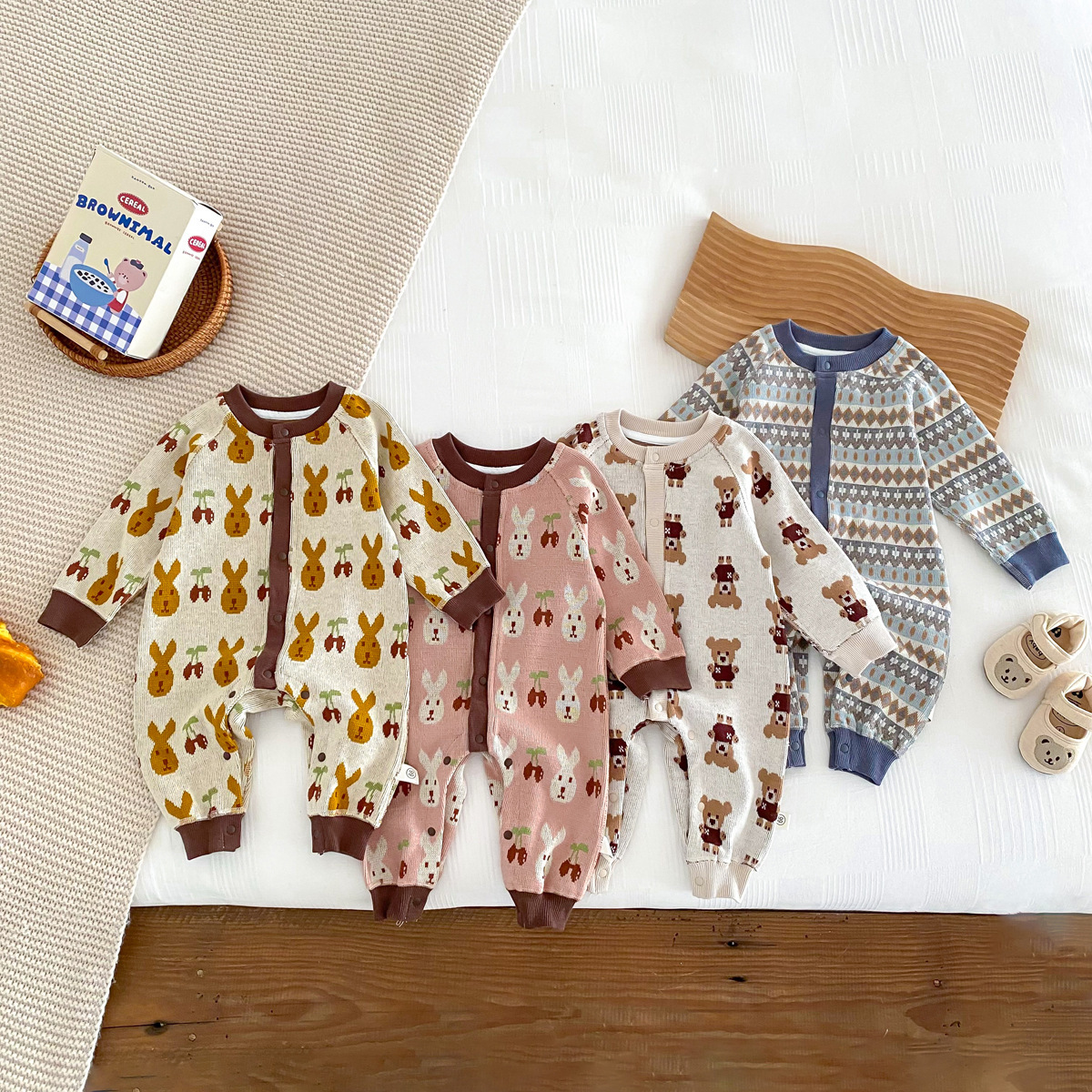 婴童男女宝宝针织开衫连体哈衣新生儿卡通印花爬服婴儿秋冬装衣服