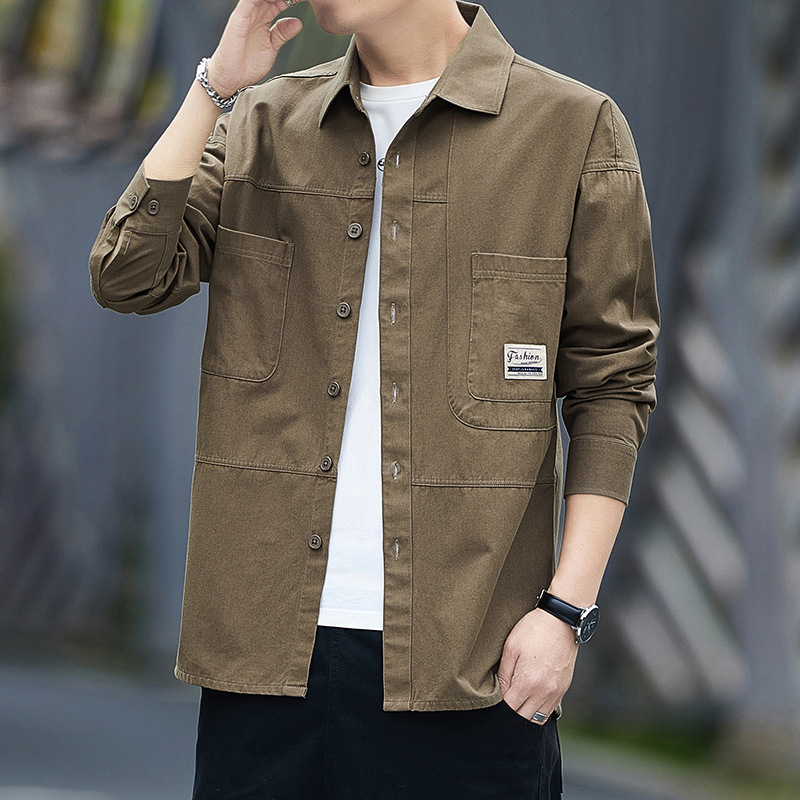 新款男士长袖工装复古衬衫外套男宽松休闲日系纯棉春季衬衫开衫