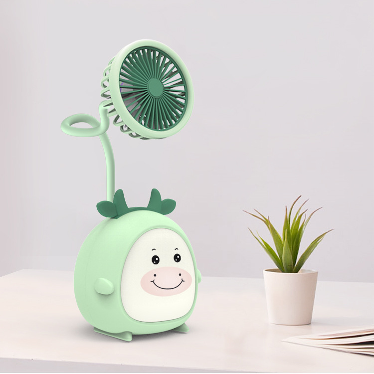 Cartoon Usb Rechargeable Portable Fan Student Dormitory Desktop Little Fan Ambience Light Mini Cute Fan