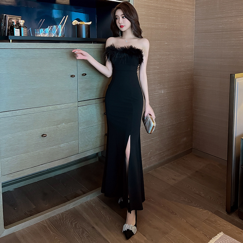 French Style High Sense Ladies' Evening Dress Women's Autumn and Winter 2023 New Hepburn Style Elegant Slim off-Shoulder Dress