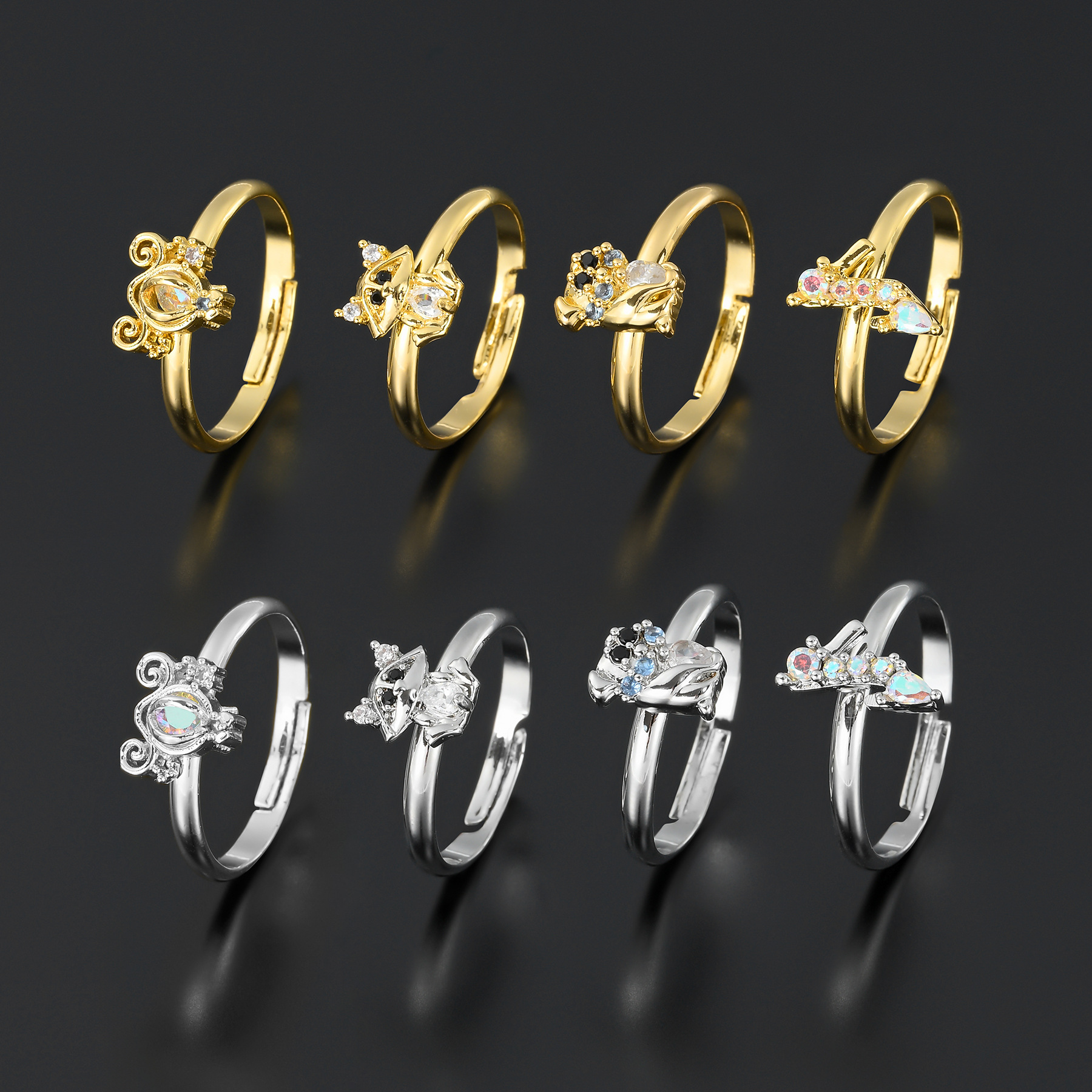 Creative Stylish Adjustable Princess Series Ring Europe and America Cross Border New Micro-Inlaid Color Open-End Zircon Ring Female