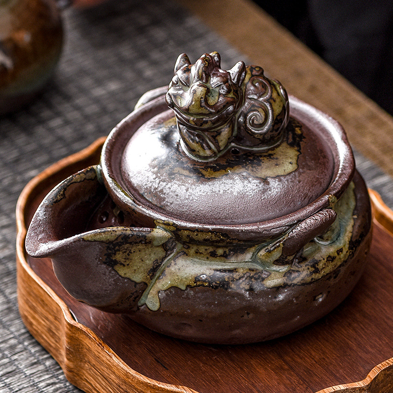 粗陶青釉柴烧宝瓶茶壶岩矿纯手工熊猫泡茶手抓壶中式高档功夫茶具