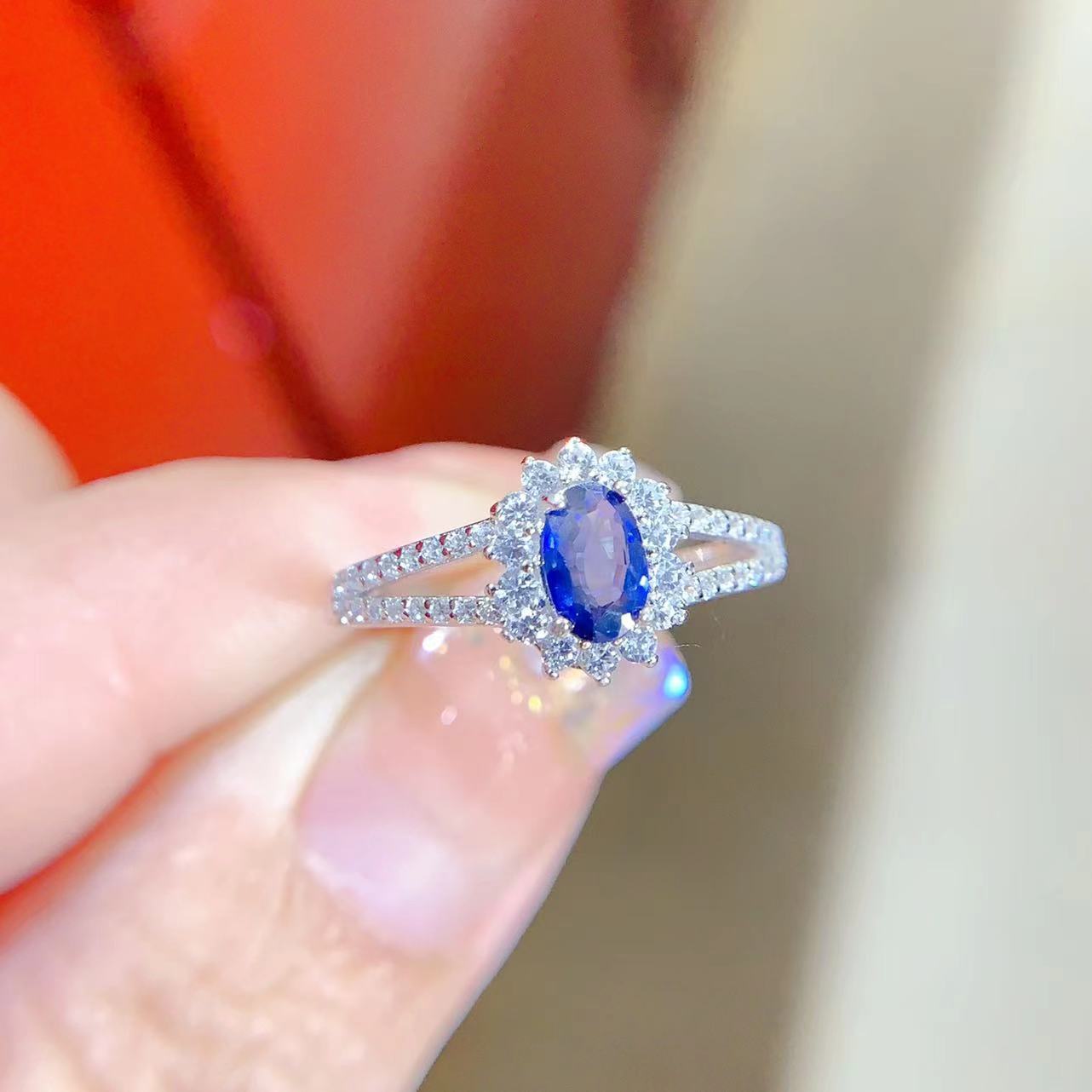 工厂直销新款戒指925银镶嵌天然斯里兰卡蓝宝石围钻活口戒指跨境