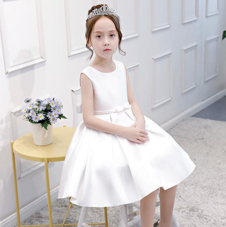 儿童晚礼服公主裙白色缎面气质短款合唱团演出服花童装生日女主持