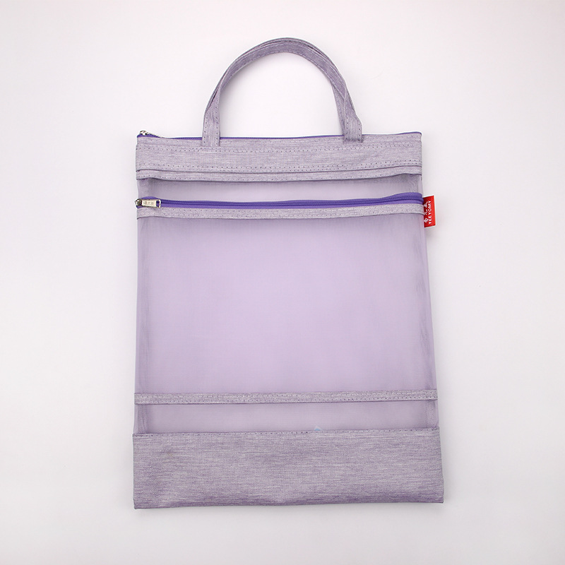 Spot Transparent Vertical Double Layer Nylon Gauze Handbag Printable Logo Subject Student Office Storage Tuition Bag