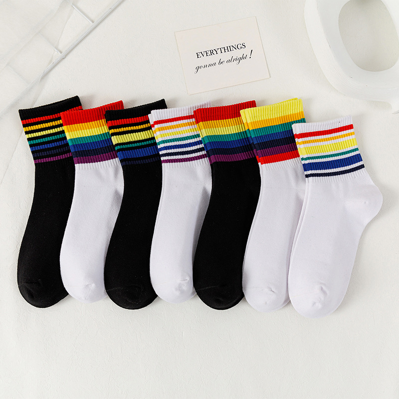 Women's Socks Spring and Summer New Japanese Rainbow Striped Mid-Calf Length Socks Women's Couple Internet Celebrity All-Matching Athletic Socks Medium Stockings