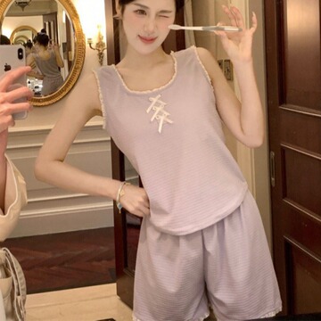 韩国ins女士夏季韩版甜美荷叶边花边夏季学生休闲家居服吊带套装