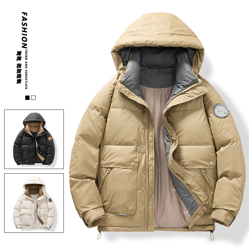 跨境批发冬季新款男士连帽羽绒服潮流百搭外套撞色休闲男士羽绒服