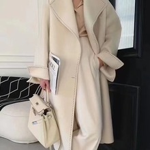 高品质明线设计双面羊毛大衣女系带修身中长款呢外套23年秋冬新款