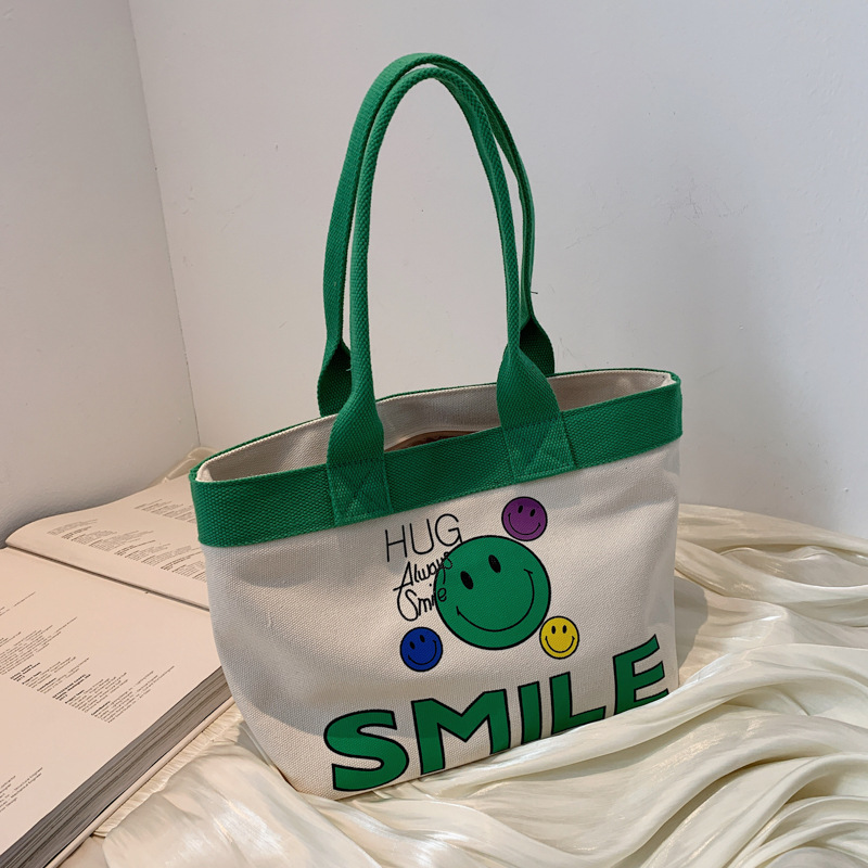 Cute Smiley Printed Simple Small Bag Women's 2023 New One-Shoulder Canvas Artistic Style Large Capacity Portable Women's Bag