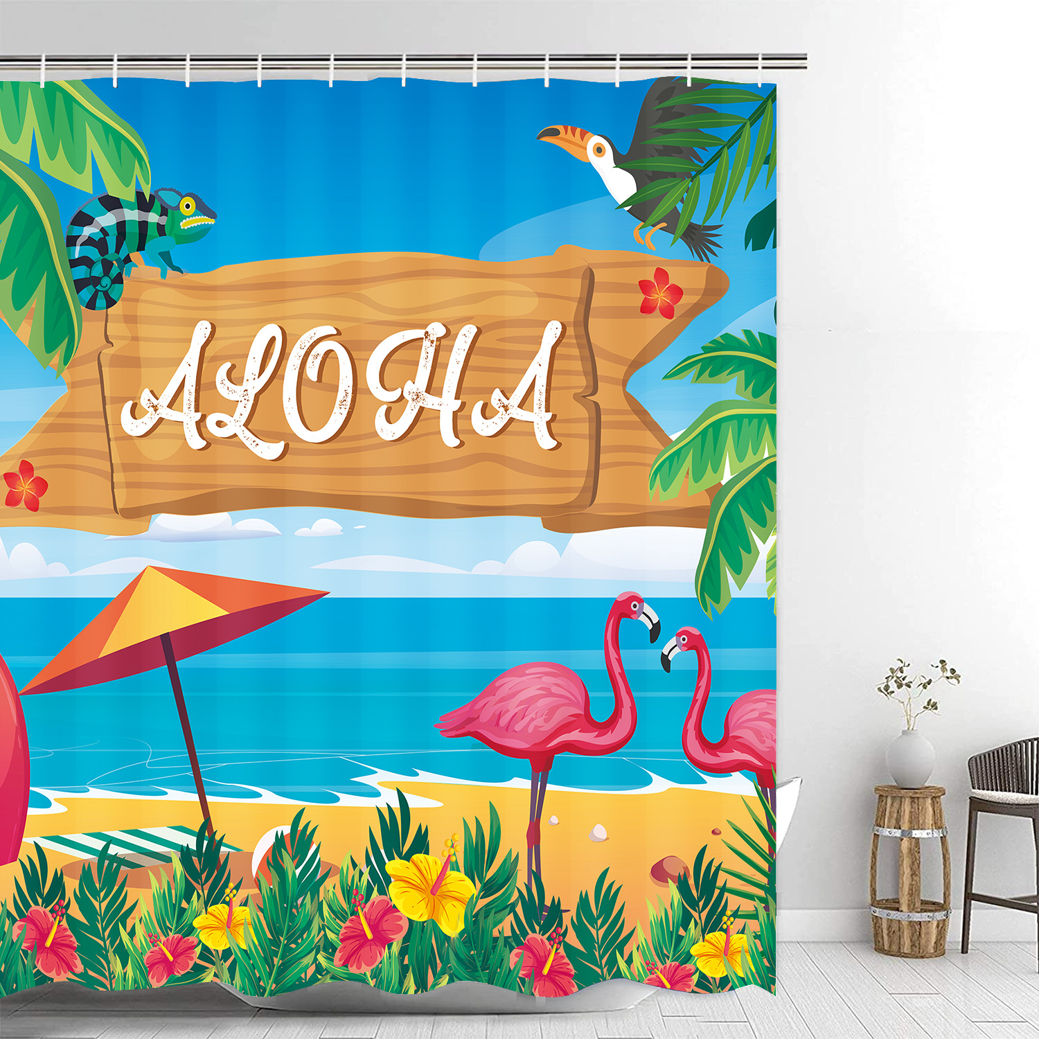 Amazon Hawaiian Shower Curtain Summer Beach Hawaiian Waterproof Shower Curtain Four-Piece Floor Mat Toilet Mat Shower Curtain