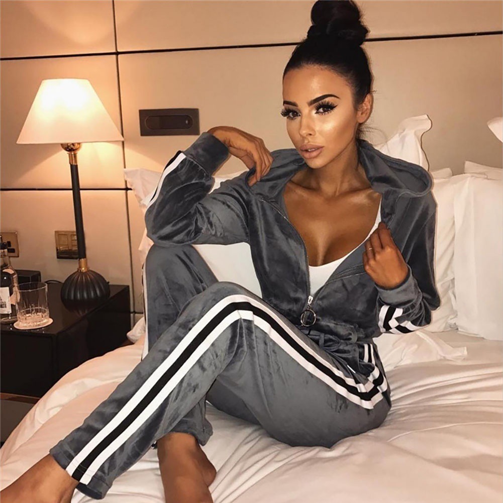 Foreign Trade New Striped Pleuche Zipper Sweater Trousers Suit Autumn and Winter Women's Striped Fitness Running Sports Suit