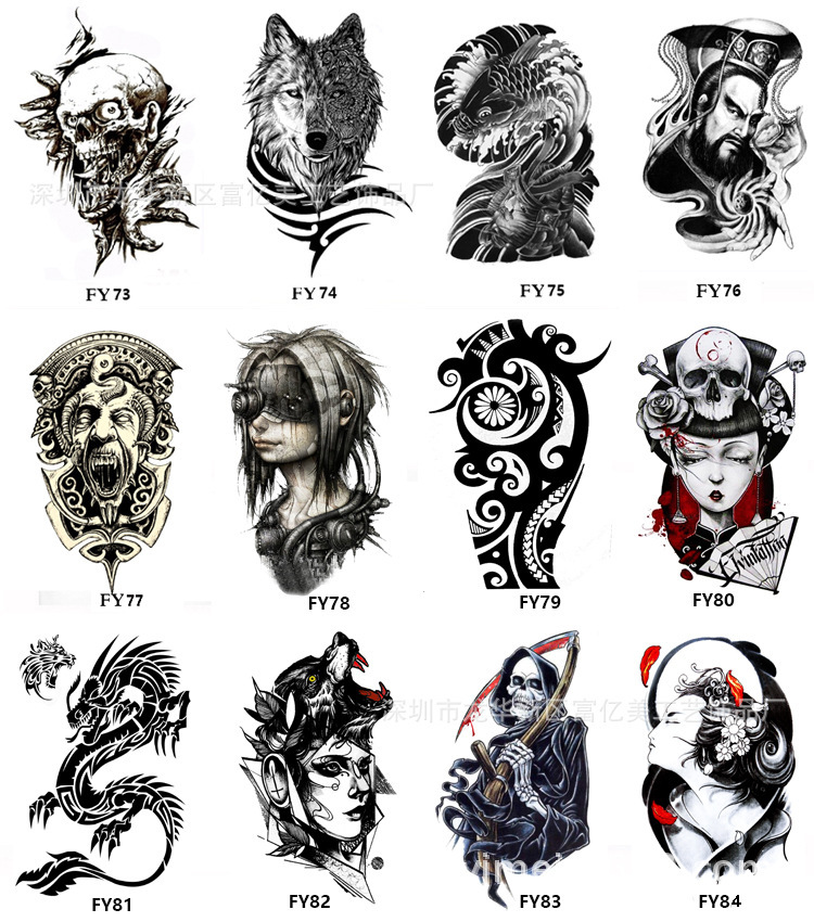 厂家批发羽毛英文字母持久纹身贴花臂防水骷髅头鬼怪花臂来图定制