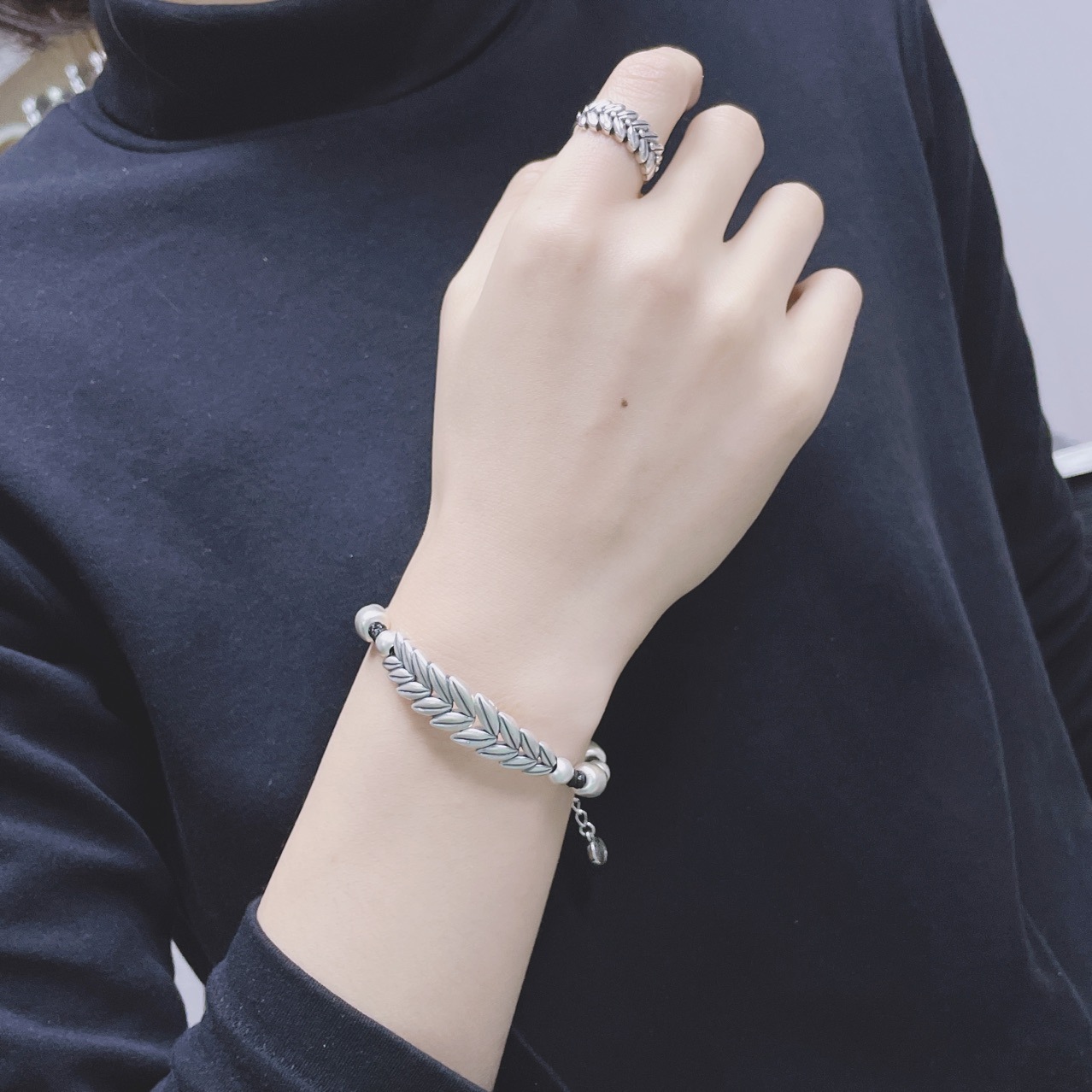 99足银麦穗手链 3d工艺大麦手工编织手串 纯银圆珠手绳