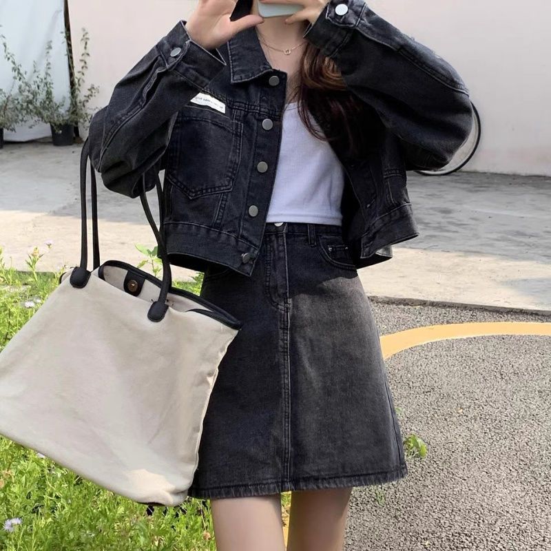 网红牛仔套装女春秋季短款外套上衣 高腰a字半身裙短裙两件套