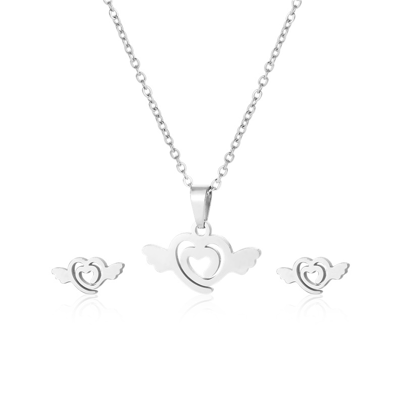 European and American Simple Love Angel Wings Pendant Female Amazon Heart-Shaped Necklace and Earring Suit Stainless Steel Accessories